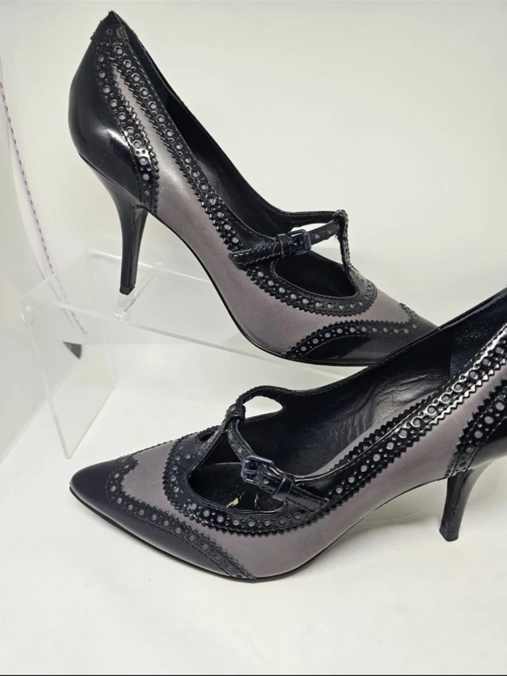 Tory Burch Black and Gray Pointed-Toe Mary Jane Heels